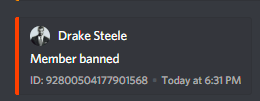 A screenshot from a staff channel of Ace acknowledging a command and banning Drake Steele